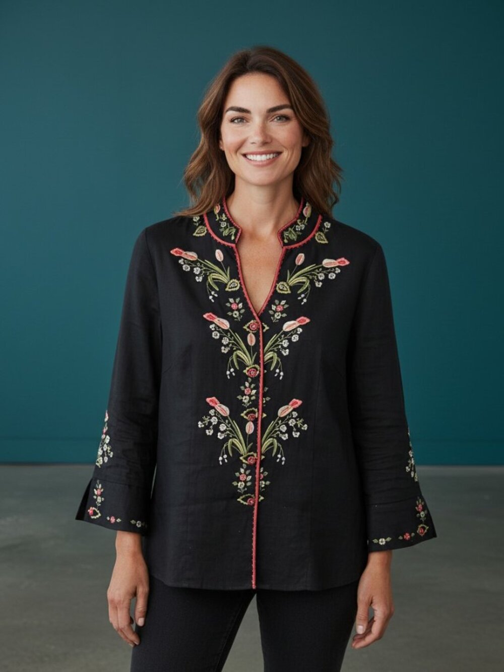 Anne Carson Black Tunic with Pink & Green Floral Embroidery